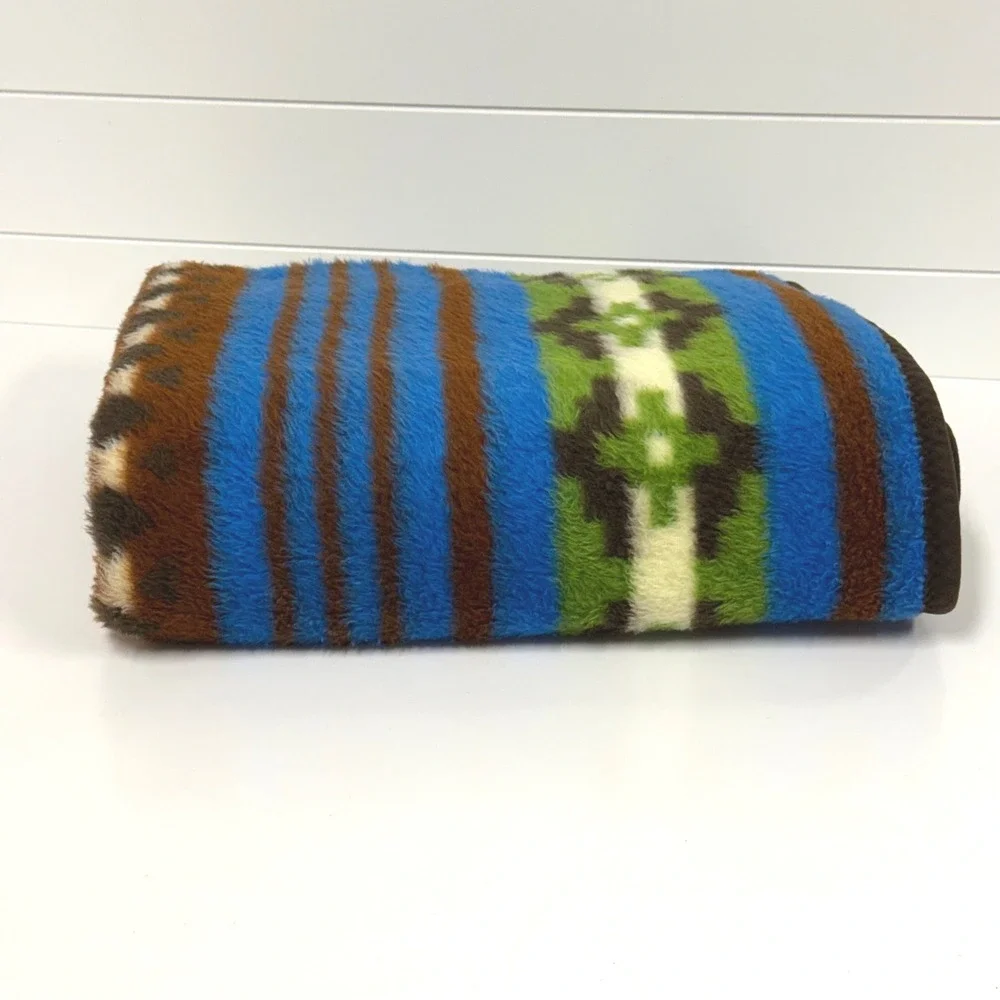 Vintage Biederlack Southwestern Aztec Geometric Blanket Blue Green West Germany